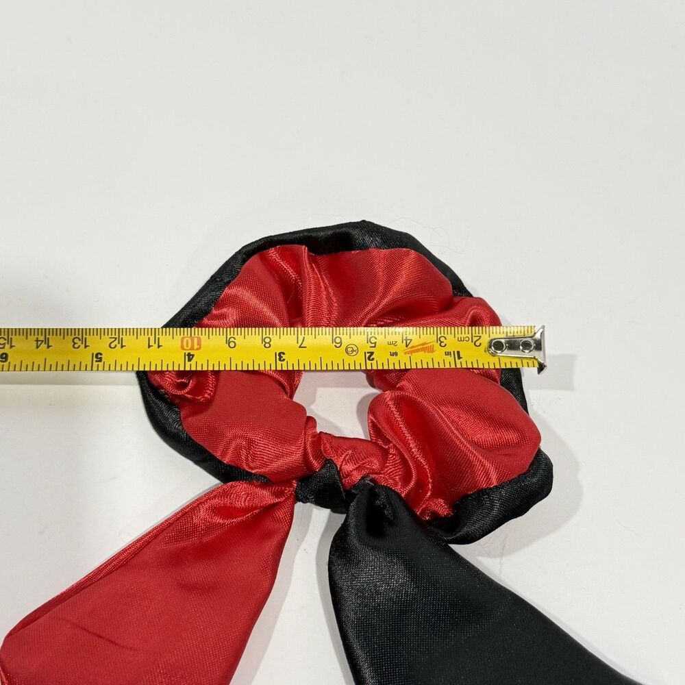 Handmade Red Black Satin Scrunchie Scarf Bow Hair Tie Ponytail Holder - Picture 10 of 11